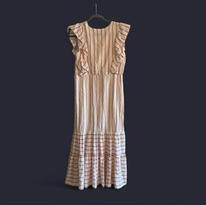 Reyon Maxi Dress Size M White with Red Stripes Ruffled Boho Tropical Fit Flare